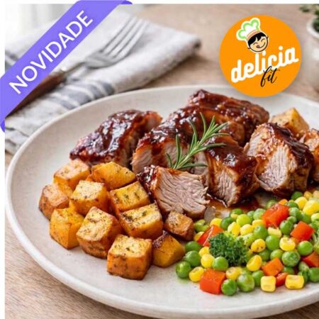 costelinha barbecue, batata doce rustica e legumes, marmita congelada