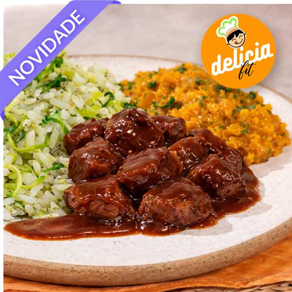 filé mignon suino barbecue arroz com alho poró quibebe marmita congelada delicia fit